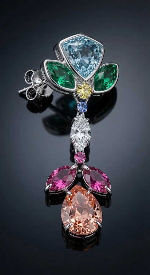 An articulated jewellery design composed of blue, green, pink and peach-coloured stones.