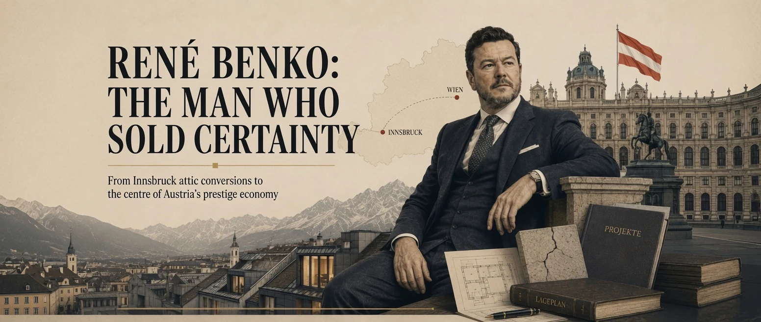 An illustrated editorial cover titled René Benko: The Man Who Sold Certainty.