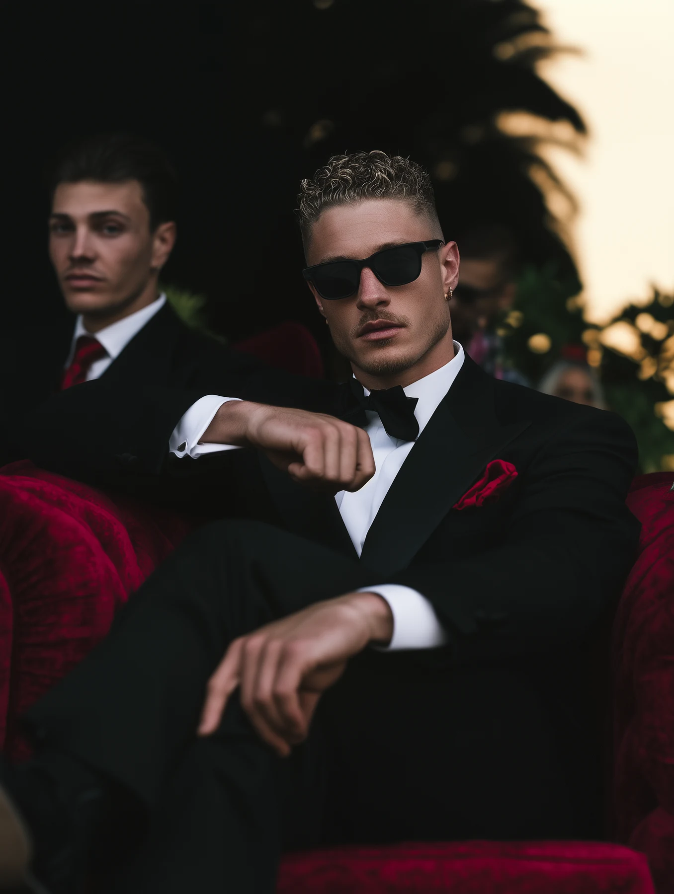 A tuxedo-clad figure wearing sunglasses in a burgundy chair.