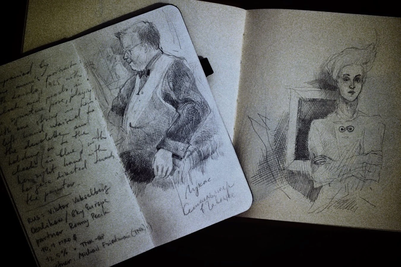 An open notebook with handwritten notes and portrait drawings.