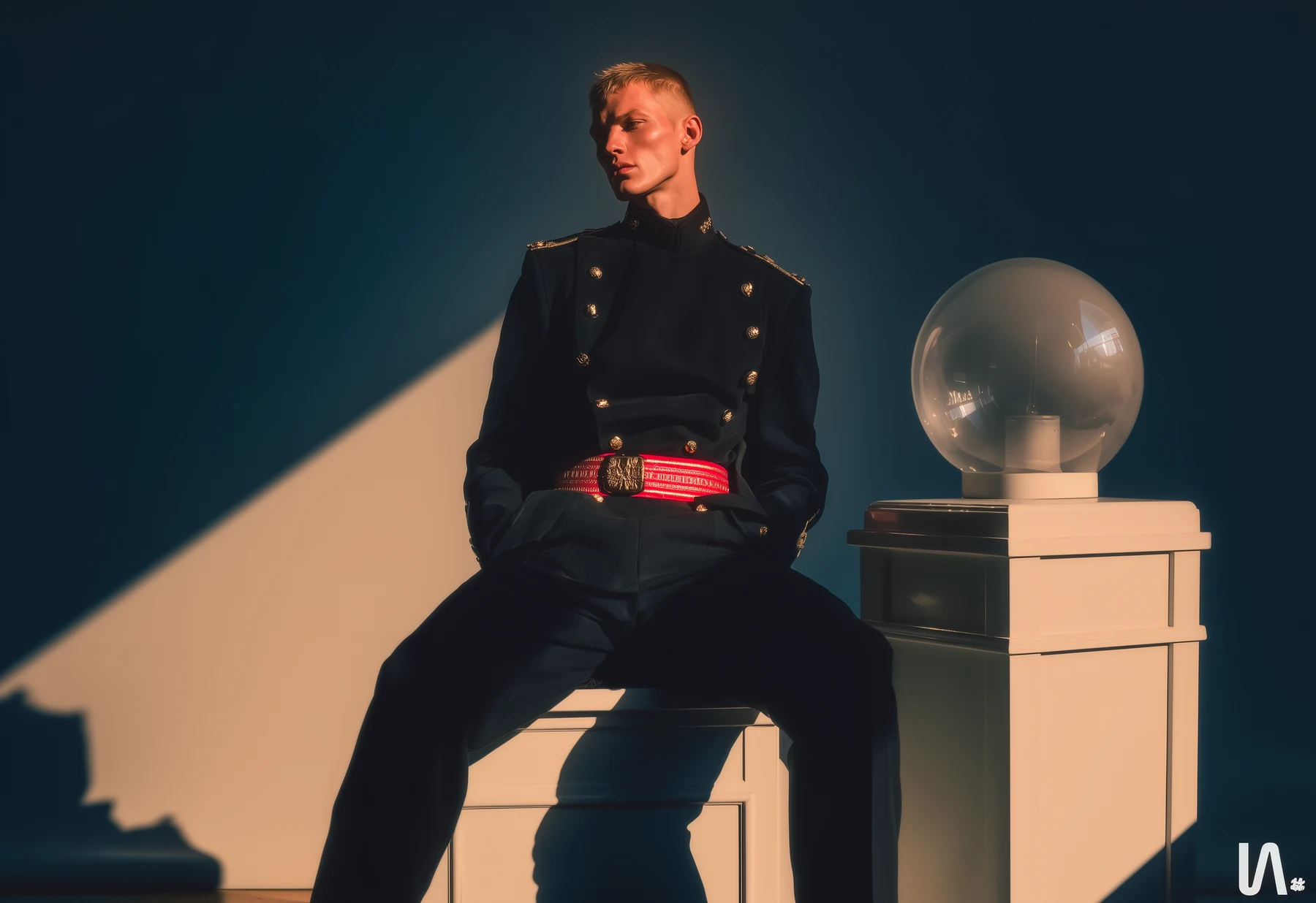 A seated figure in a dark uniform, geometric sunlight and a glass sphere.