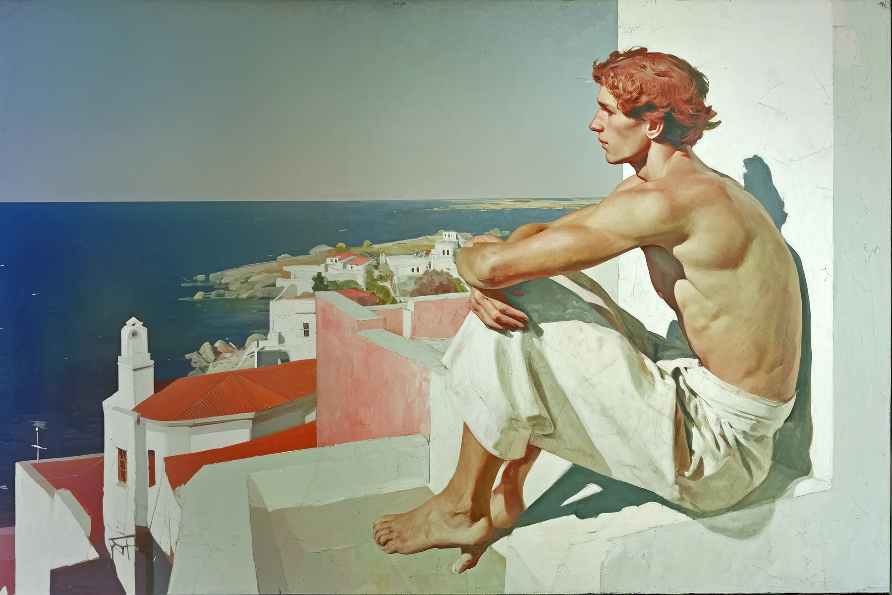A painted figure looking over a coastal town and blue sea.